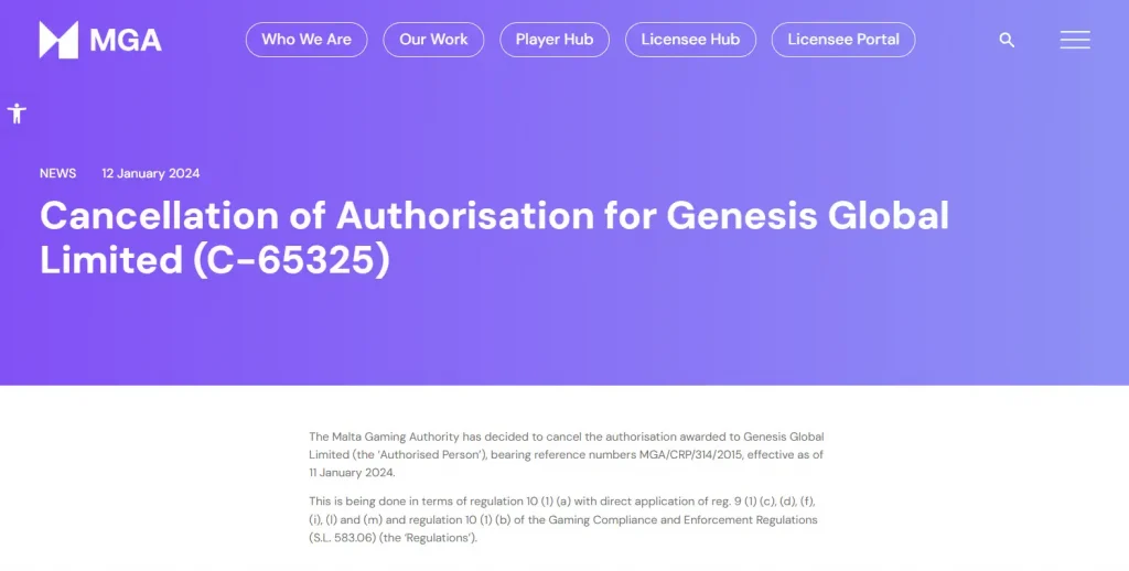 Malta Gaming Authority notice about the January 2024 cancellation of Genesis Global authorisation